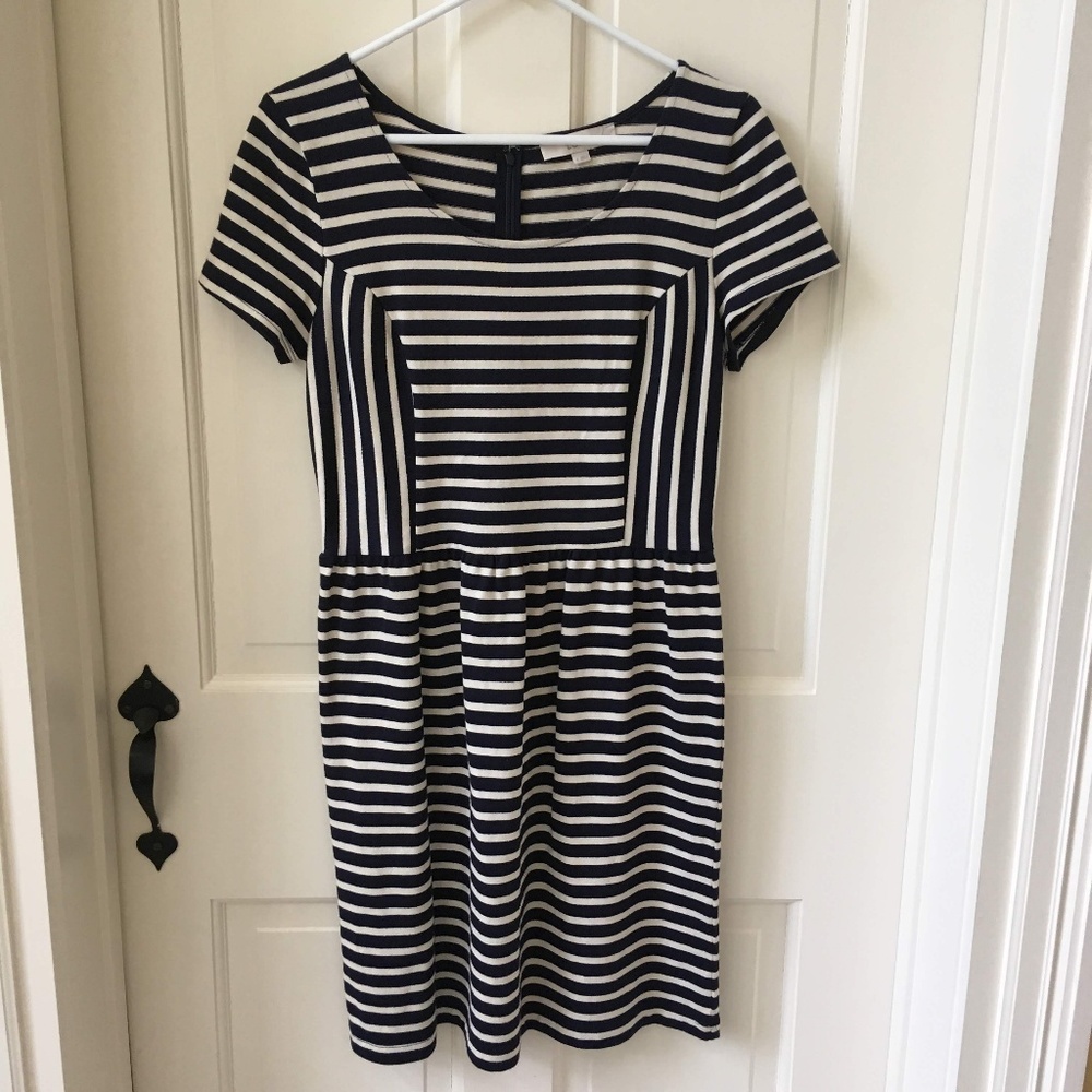 NWOT LOFT Short Sleeve Stripe Dress - 8 - Navy Blue & White Cotton
